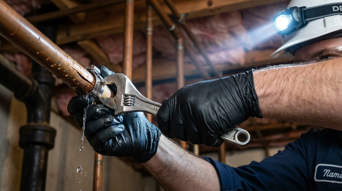 Emergency pipe clamp repair being performed by a Johns Plumbing LLC plumber in Archer