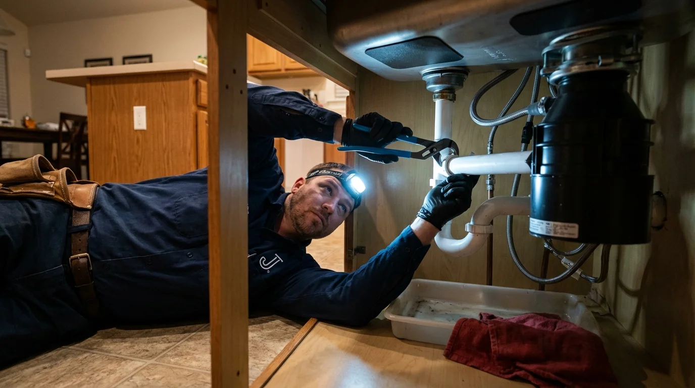 P-trap and supply line connections under a kitchen sink showing a common leak point in Archer, FL
